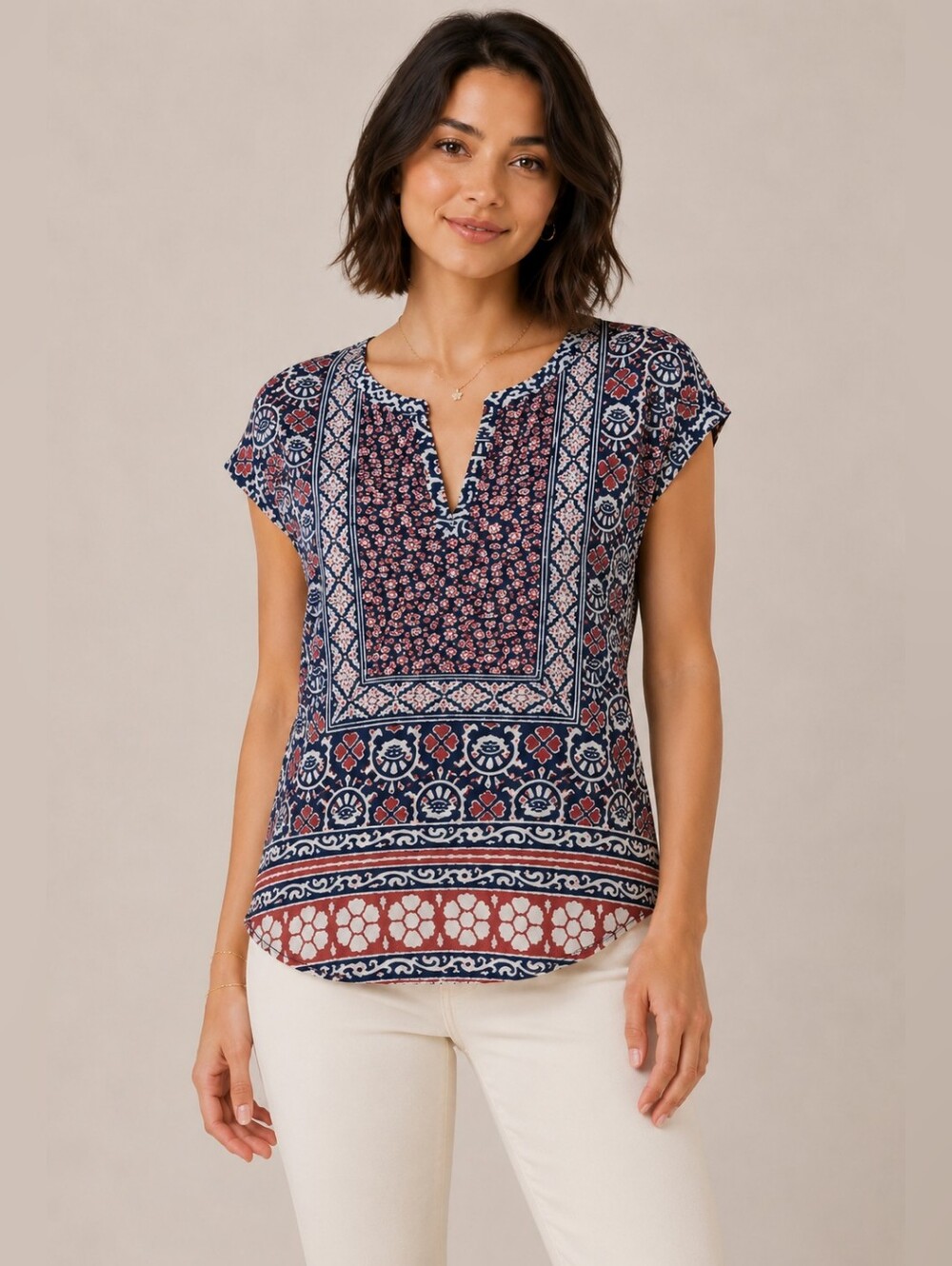 ❤️2/$18 Lucky Brand Block Floral Shirt Short Sleeve Top  S/P